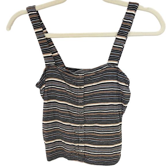 American Eagle S Black Stripe Ribbed Knit Button Up Square Neck Tank Top - Picture 2 of 6